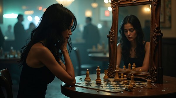 faith-in-love-03 Une femme seule devant un échiquier, face à son reflet dans un miroir — « Faith in Love »