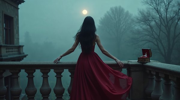 faith-in-love-04 Une femme en robe rouge, de dos, sur un balcon dans la brume au clair de lune — « Faith in Love »