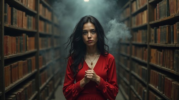 faith-in-love-06 Une femme en robe rouge entre les rayonnages d’une bibliothèque envahie de fumée — « Faith in Love »