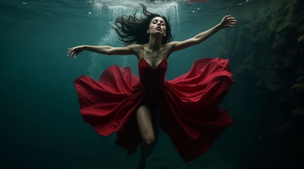 faith-in-love-07 Une femme en robe rouge flottant sous l’eau, bras ouverts — « Faith in Love »