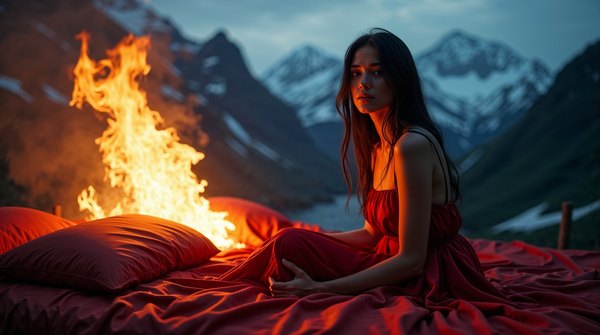 faith-in-love-08 Une femme en robe rouge assise près d’un feu, devant des montagnes enneigées — « Faith in Love »
